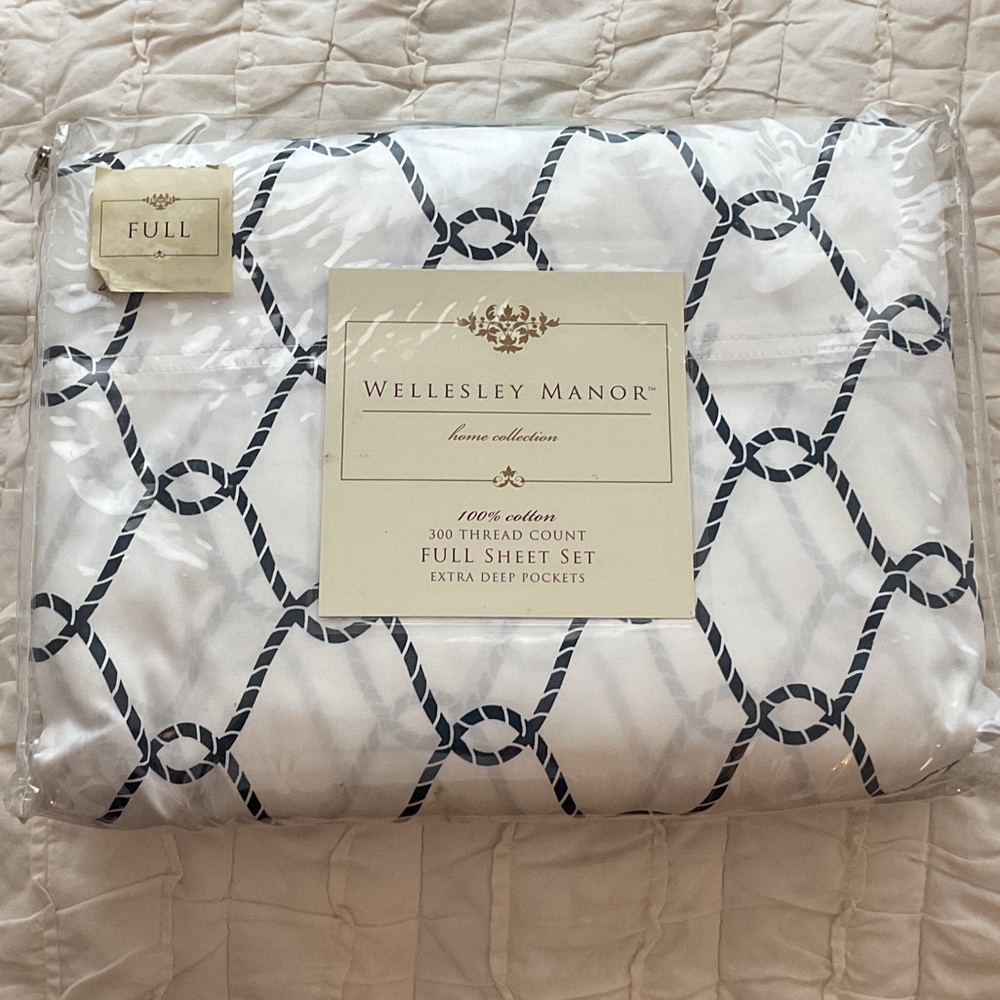 White and Blue Full Sheet Set by Wellesley Manor home collection